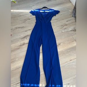 Blue Lace Belted Jumpsuit
